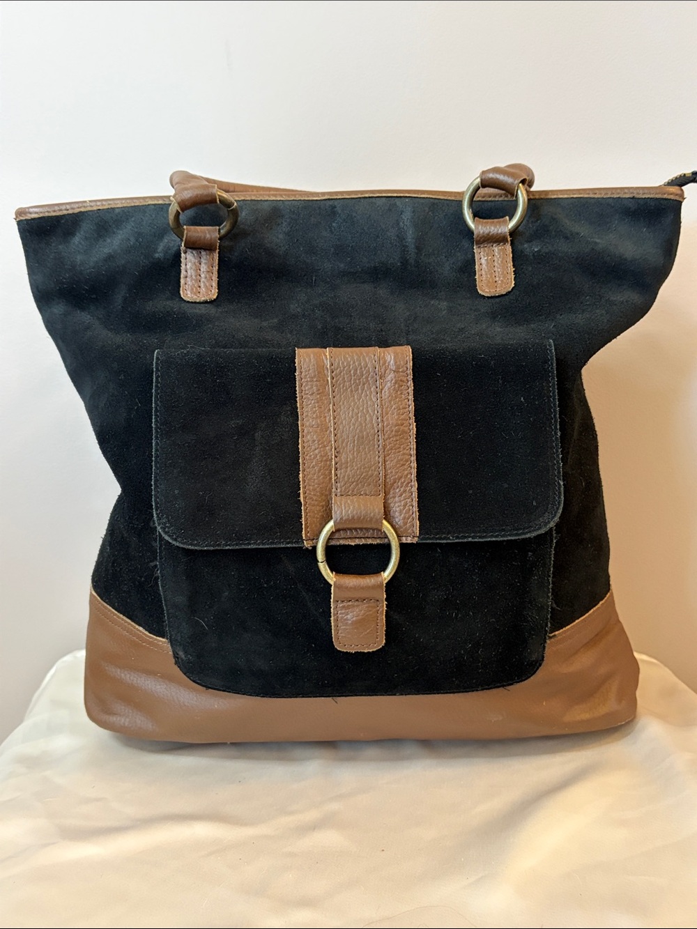 Roots Black and Brown Suede Leather Tote with Front Pocket